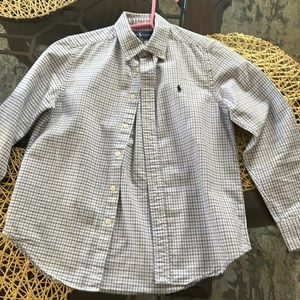 Polo button down; medium 10-12, blue/ white
